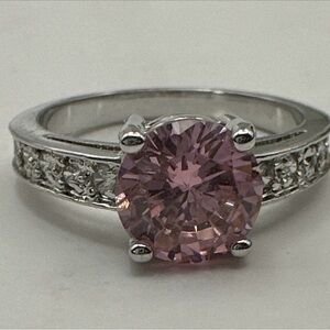 Pink Solitaire Crystal with CZ Accents Ring Size 7 Silver Tone
